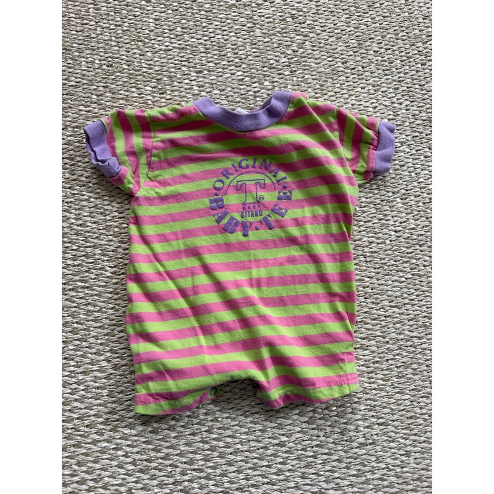 Vintage Gitano Baby Tee Romper Neon Pink‎ Green Striped Snap Shoulder 6-9 Months